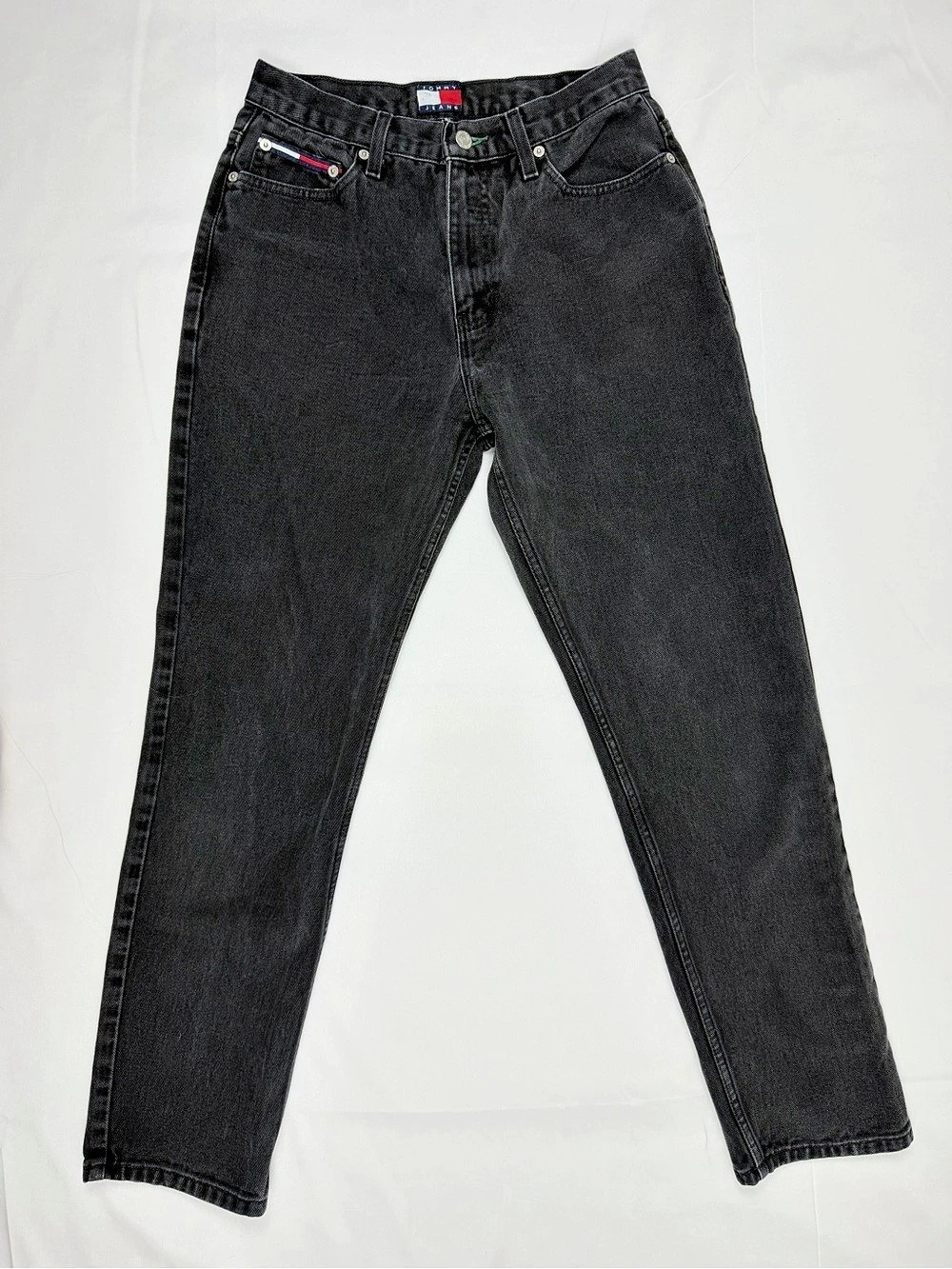 Vintage Tommy Jeans 7/30 Black High Rise Straight Leg 90s Denim Flag Logo
